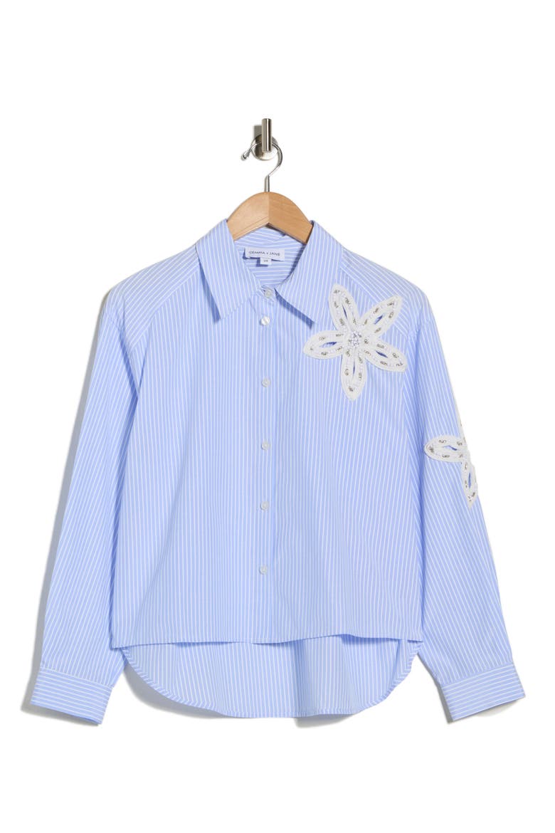 Floral Appliqué High-Low Button-Up Shirt, Alternate, color, WHITE/ LIGHT BLUE