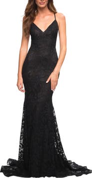 La Femme Stunning Mermaid Stretch Lace Gown with Low Back