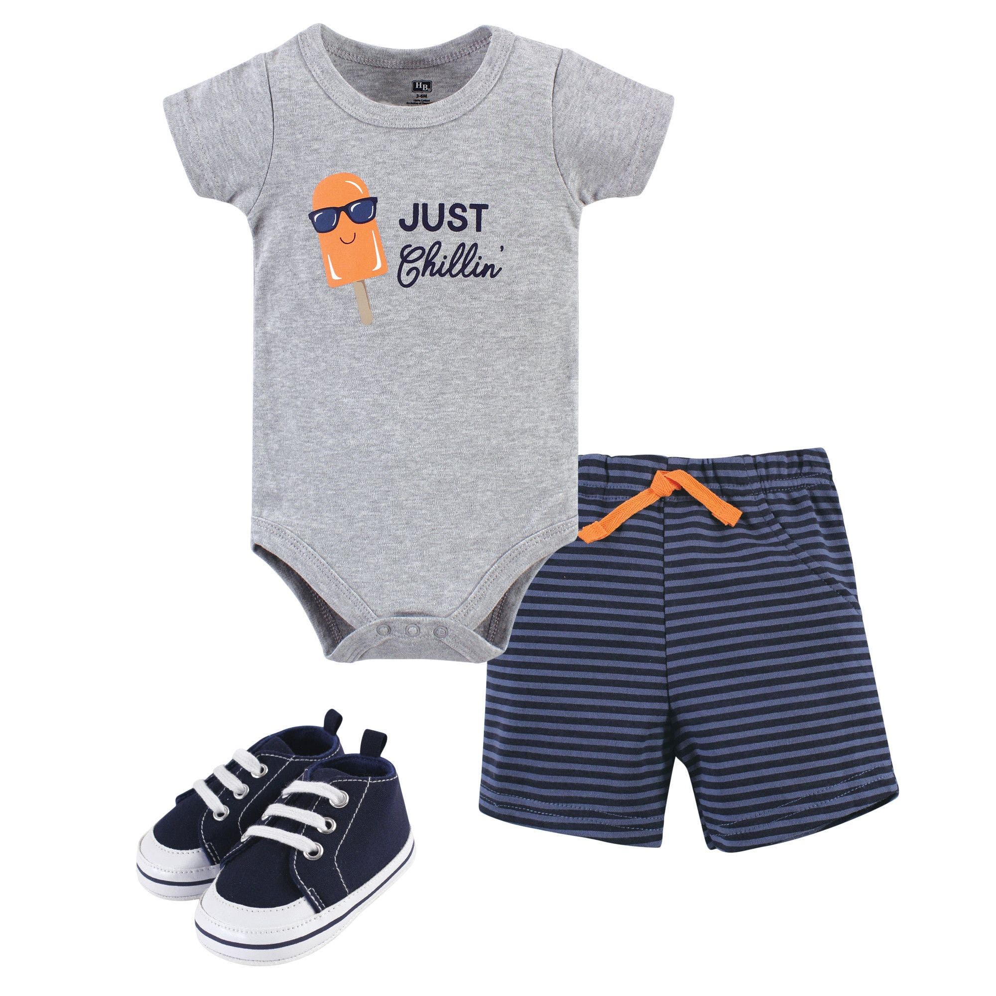 Hudson Baby Cotton Bodysuit, Shorts And Shoe Set In Gray
