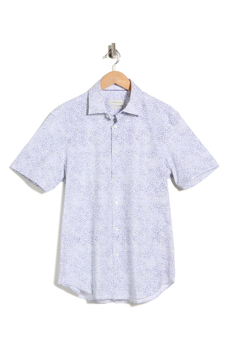 Bugatchi Micro Print Stretch Cotton Short Sleeve Button-Up Shirt, Main, color, Peacoat