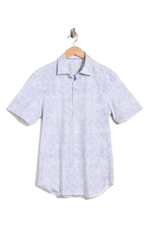 Micro Print Stretch Cotton Short Sleeve Button-Up Shirt