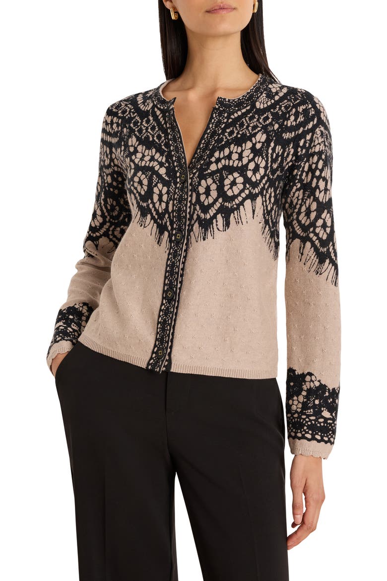 Placed Lace Print Cardigan, Main, color, NEUTRAL MULTI