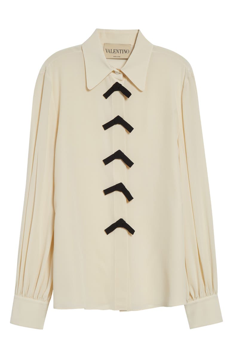 Valentino Bow Detail Silk Crêpe de Chine Button-Up Shirt, Main, color, Vanilla