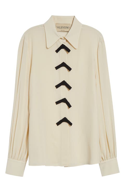 Bow Detail Silk Crêpe de Chine Button-Up Shirt