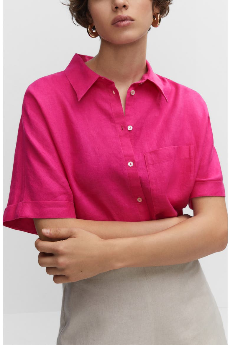 Pocket Linen Short Sleeve Button-Up Shirt, Alternate, color, FUCHSIA