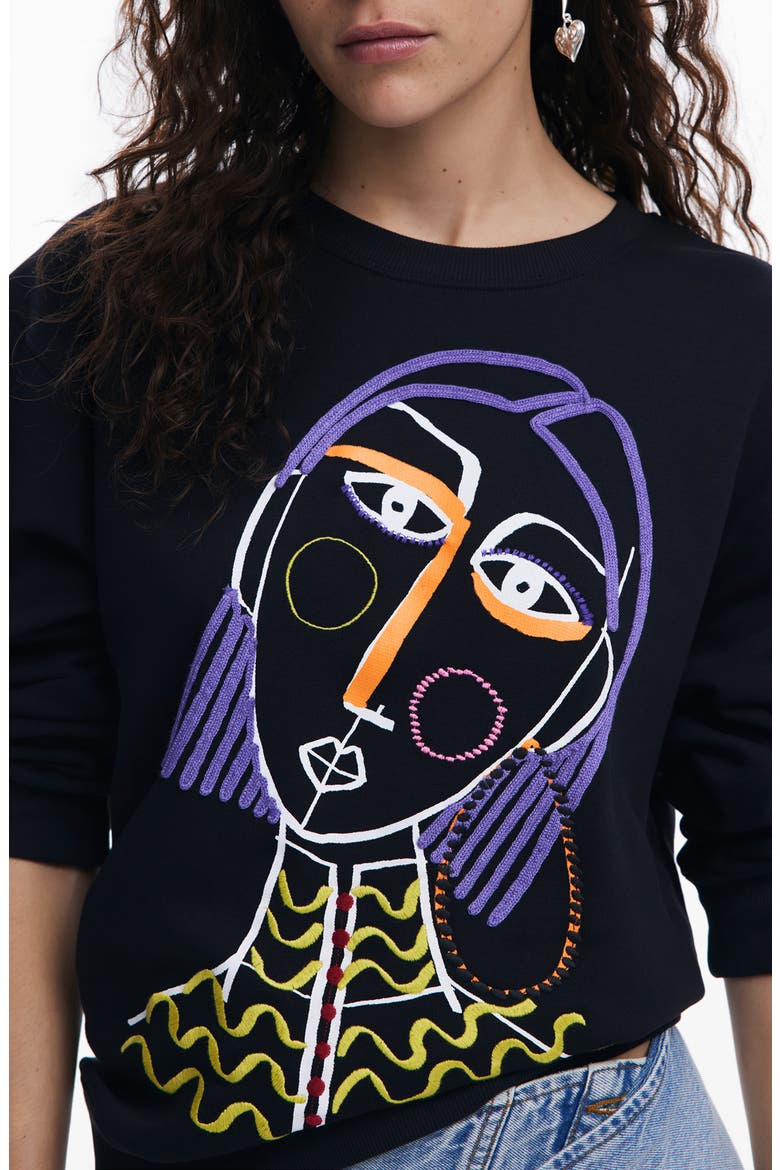 Embroidered Face Design Cotton Sweatshirt, Alternate, color, BLACK