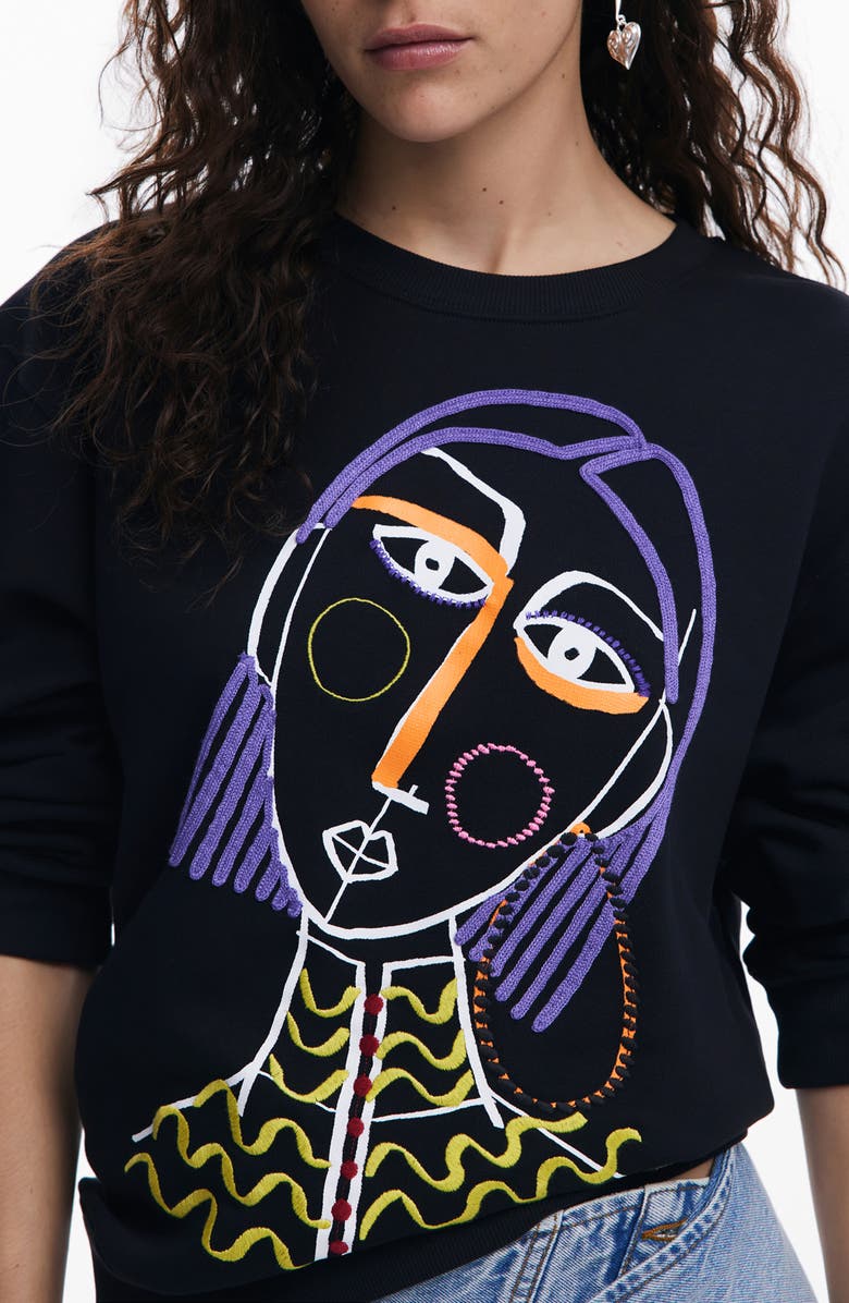 Desigual Embroidered Face Design Cotton Sweatshirt, Alternate, color,