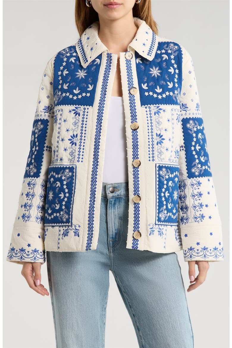 Patchwork Bandana Print Quilted Jacket, Main, color, WHITE-BLUE