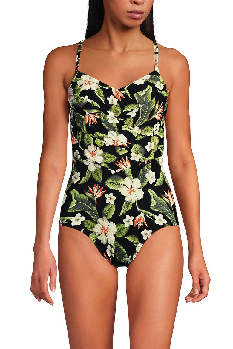 Slender Suit V-neck Pleated X-back One Piece Swimsuit Adjustable Straps, Main, color, Hibiscus Floral/Black