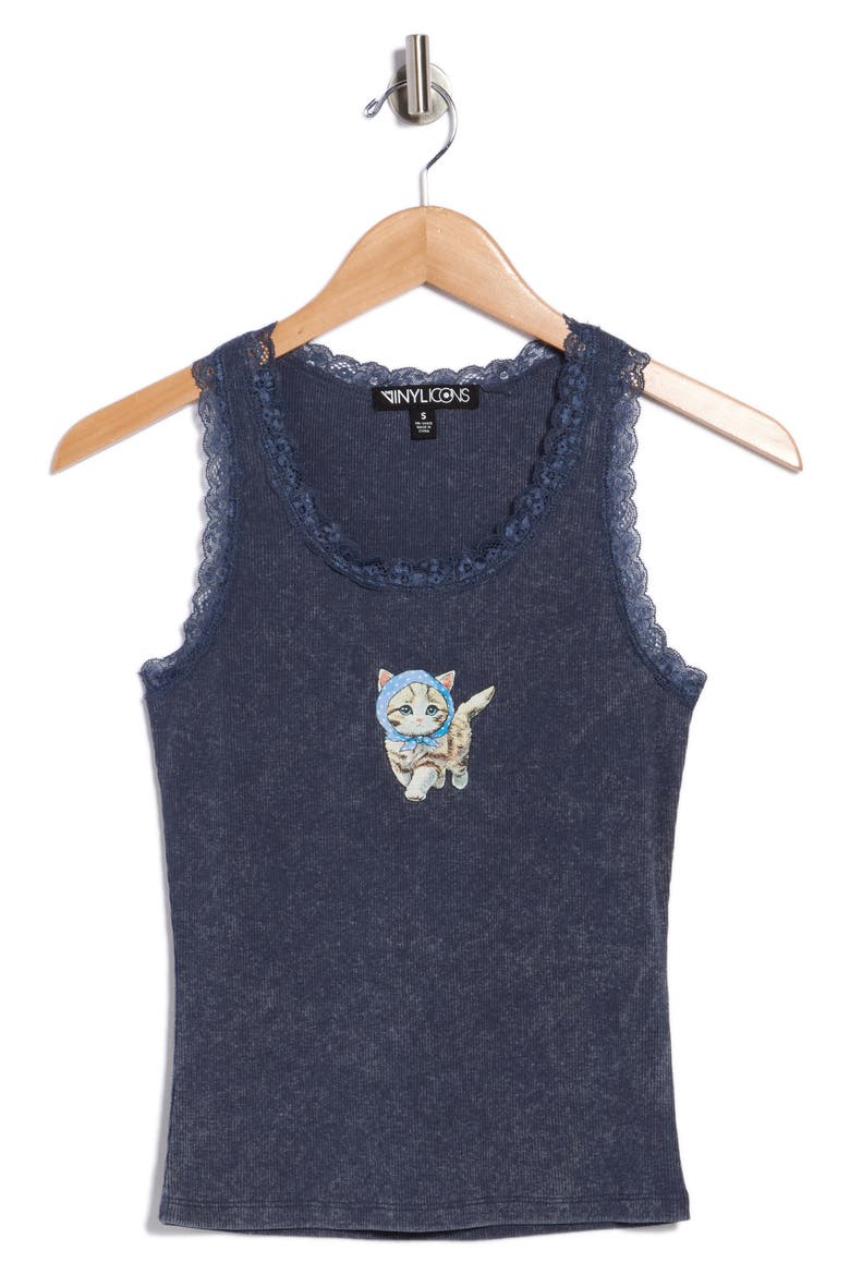 Pretty Kitty Lace Trim Graphic Tank, Alternate, color, NAVY