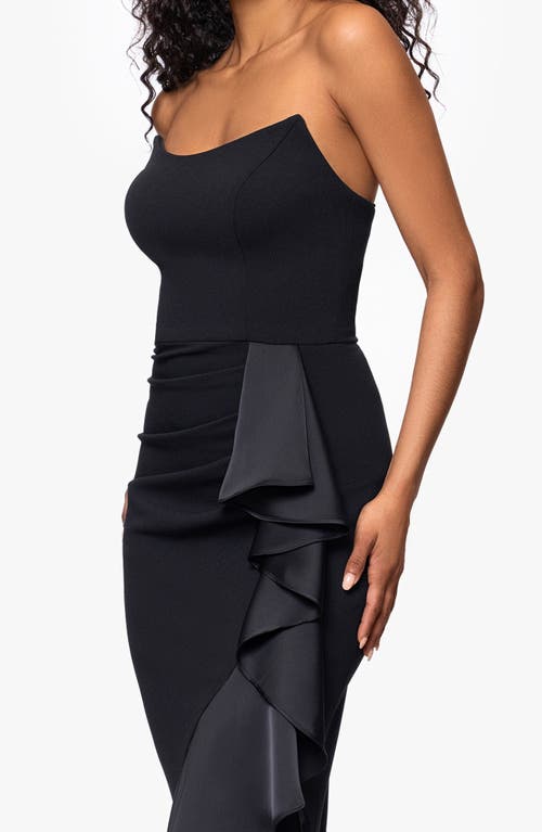 Betsy & Adam Satin Ruffle Detail Strapless Scuba Crepe Corset Gown In Black