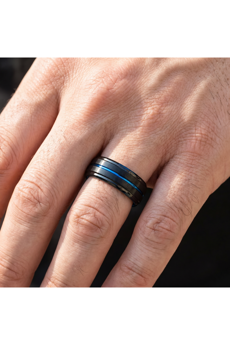 Men's Black & Blue Tungsten Ring Brushed Beveled Step Cut Wedding Band, Alternate, color, Black Tungsten