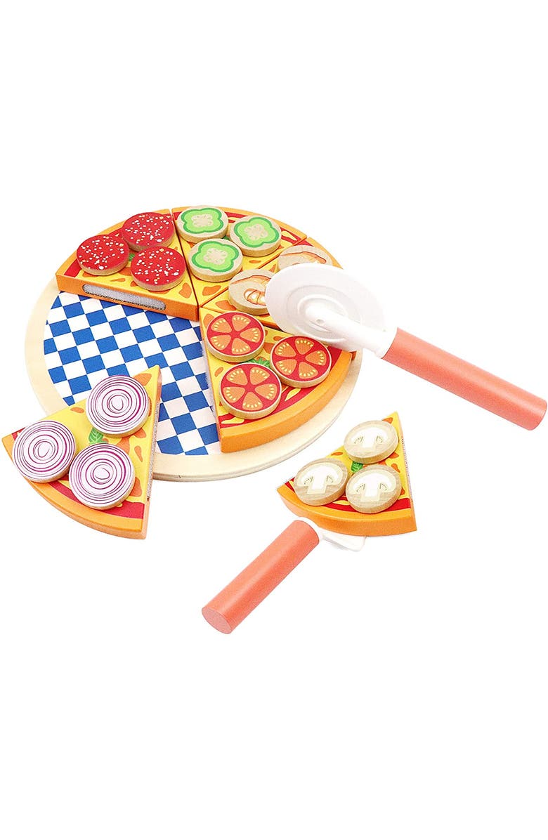 Leo & Friends 27-Piece Kid's Pizza Toy Set | Play Pretend Pizza Toy Slices, Toppings, Pizza Cutter for Toddlers, Main, color, Red