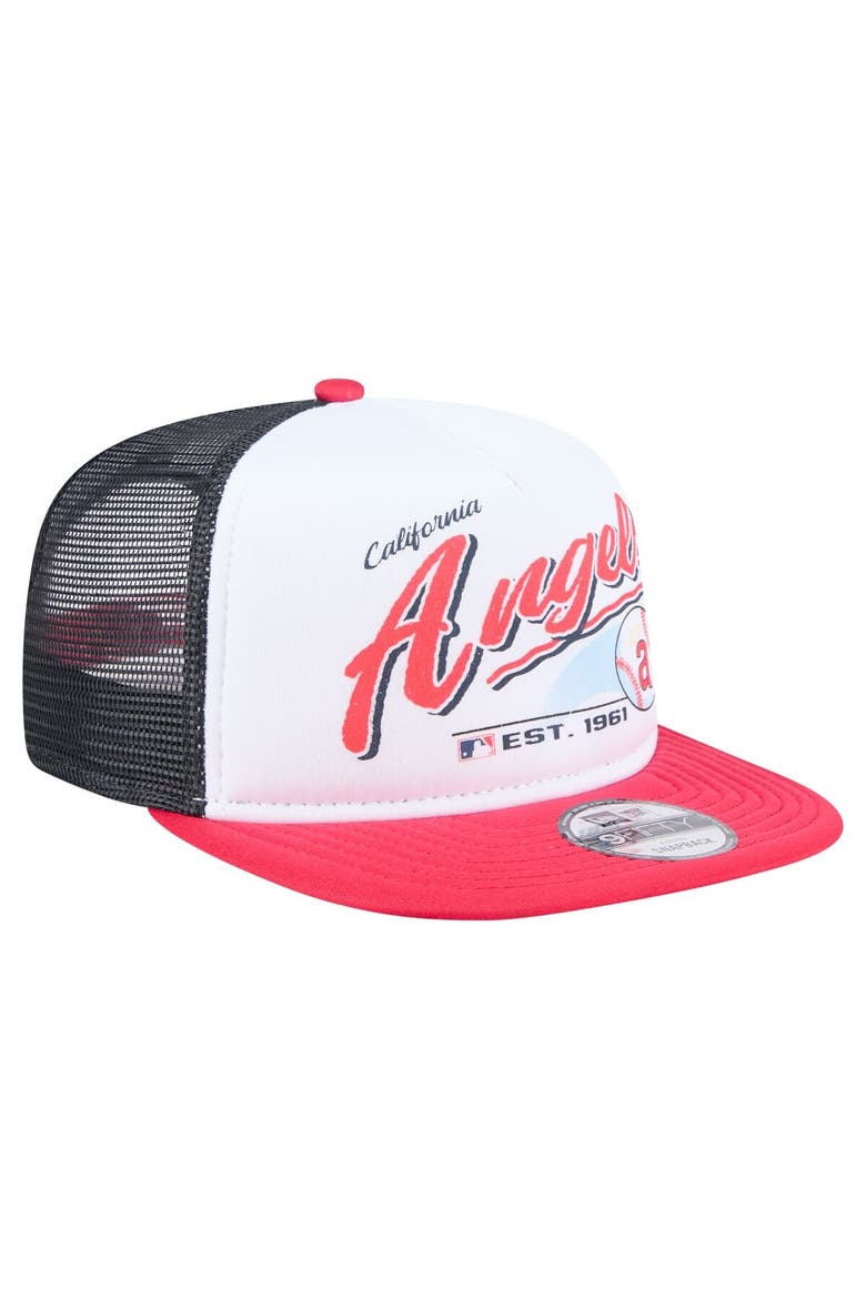Men's New Era White/Red California Angels Retro Script Trucker 9FIFTY Snapback Hat, Alternate, color, White