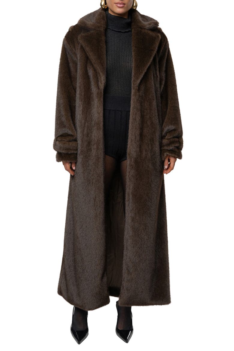 Uptown Belted Faux Fur Longline Coat, Main, color, BROWN