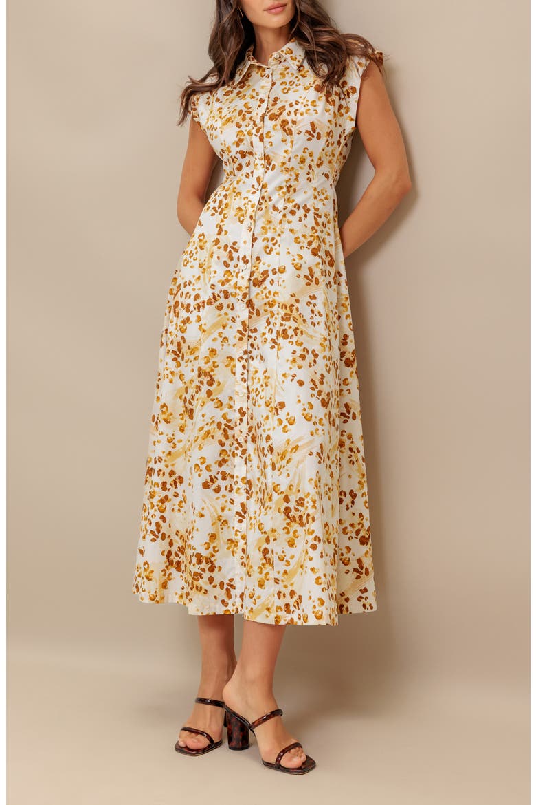 Print Midi Button Front Shirtdress, Alternate, color, IVORY BROWN