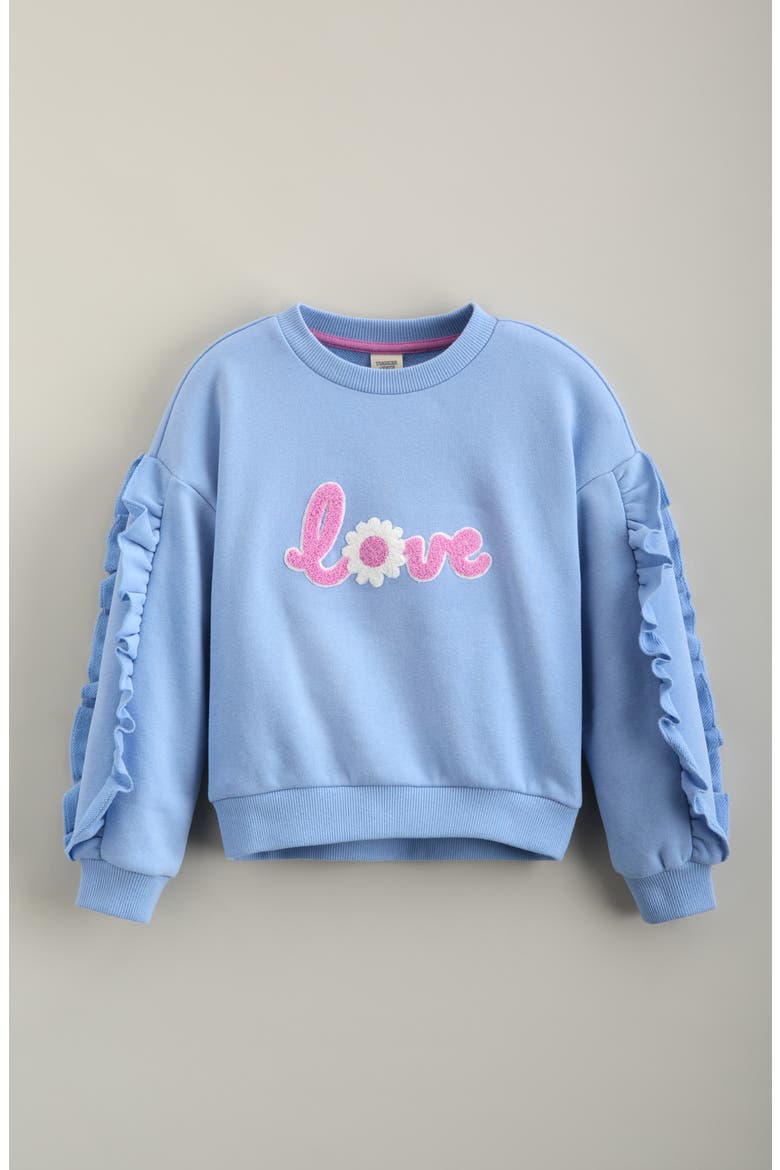 Kids' Ruffled Graphic Sweatshirt, Main, color, BLUE POETRY DAISY LOVE GRAPHIC