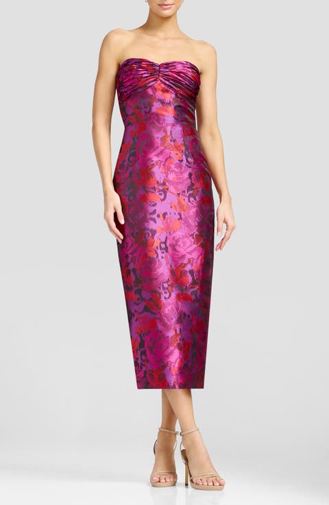 Dalia Floral Strapless Cocktail Midi Dress