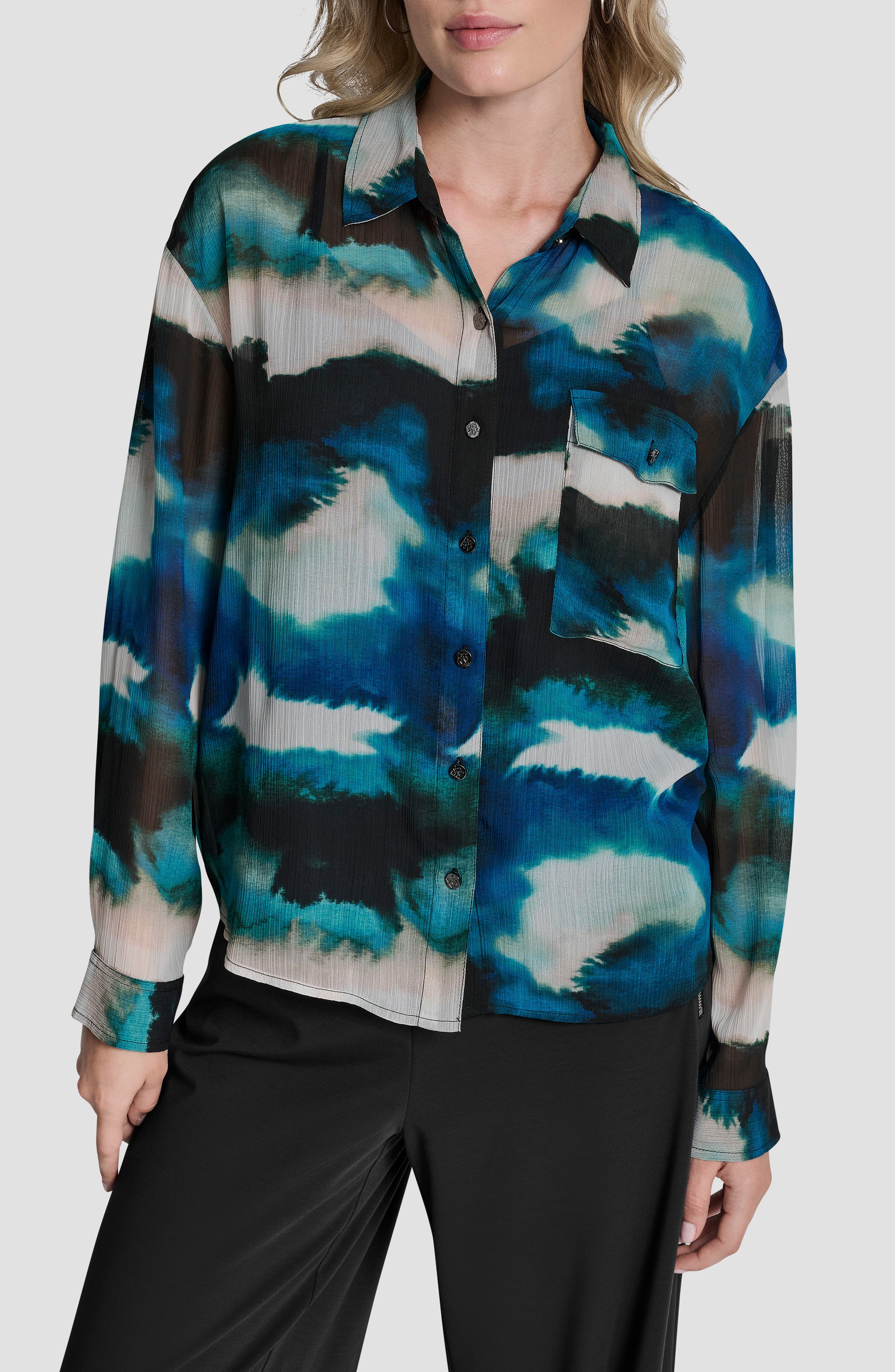 Print Long Sleeve Button-Up Chiffon Shirt - image 3