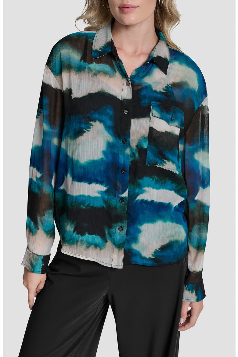Print Long Sleeve Button-Up Chiffon Shirt, Main, color, MARBLED OCEAN
