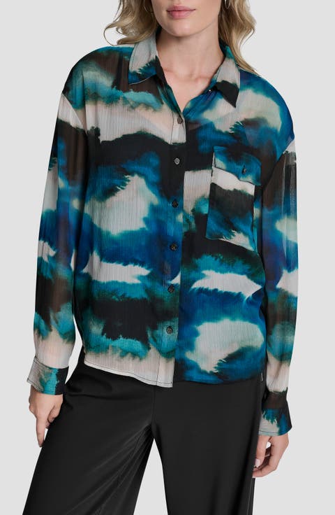 Print Long Sleeve Button-Up Chiffon Shirt
