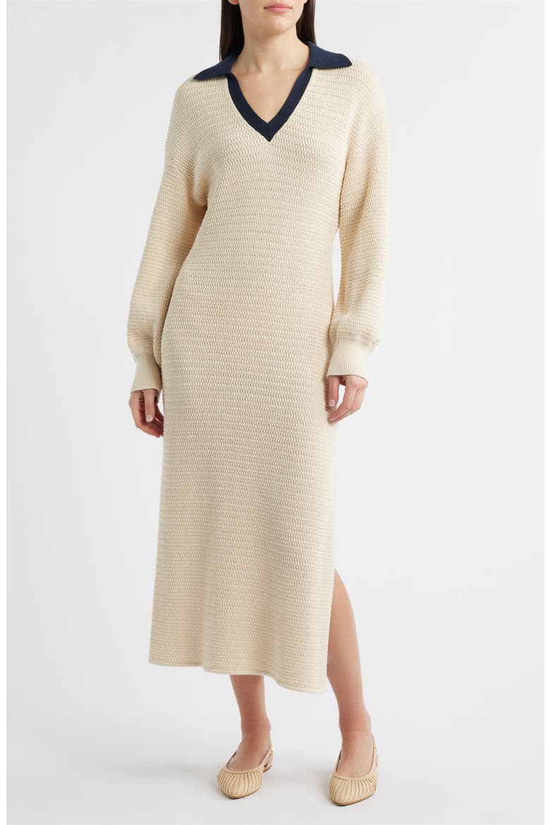 Mozart Contrast Collar Long Sleeve Midi Sweater Dress, Main, color, 11-ECRU-MARINE