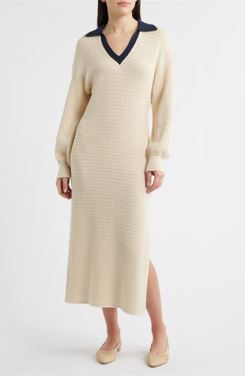 Mozart Contrast Collar Long Sleeve Midi Sweater Dress
