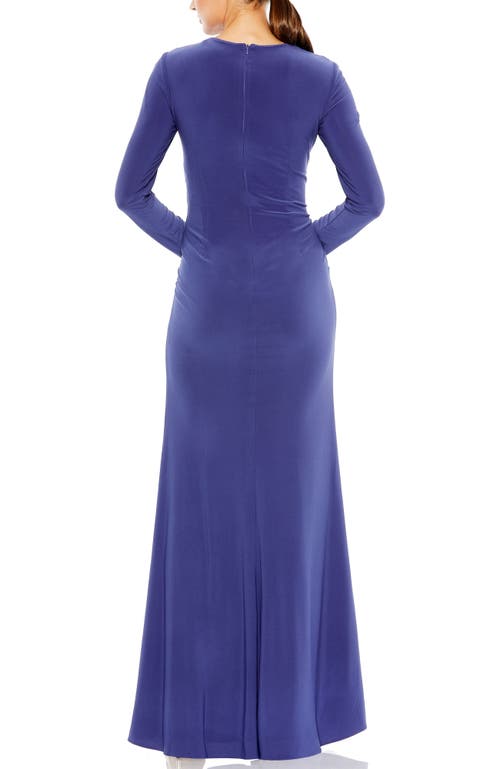 Mac Duggal Long Sleeve Keyhole Draped Gown In Indigo