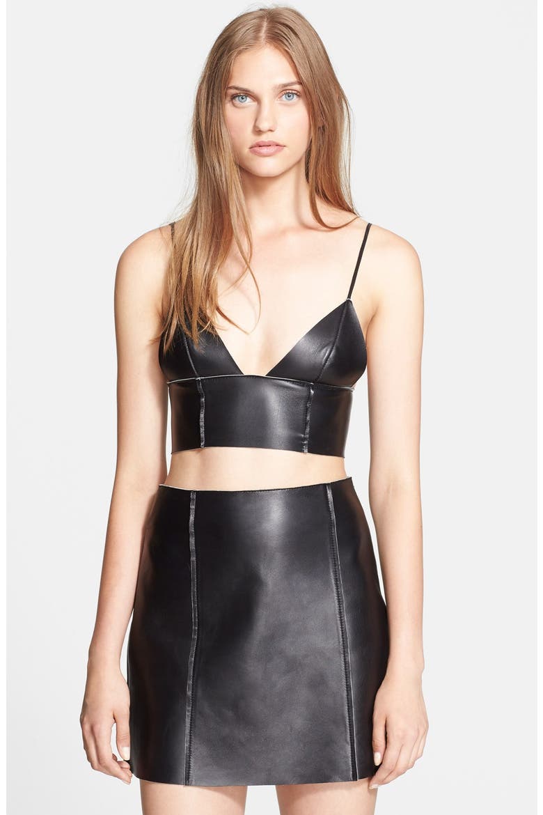 T by Alexander Wang Bonded Nappa Leather Bralette, Main, color, BLACK
