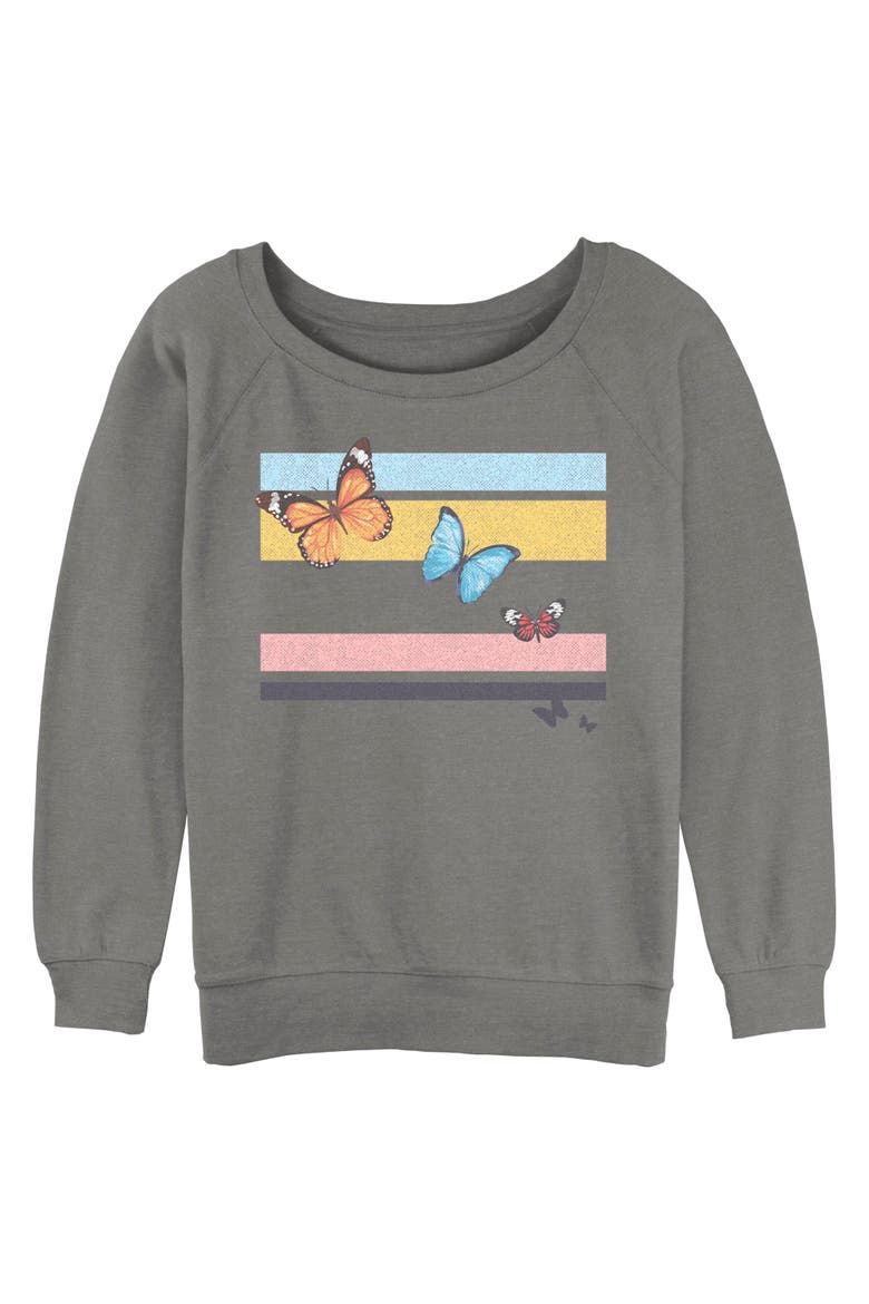 Junior's Lost Gods Distressed Butterfly Flag  Sweatshirt, Main, color, Gray Heather