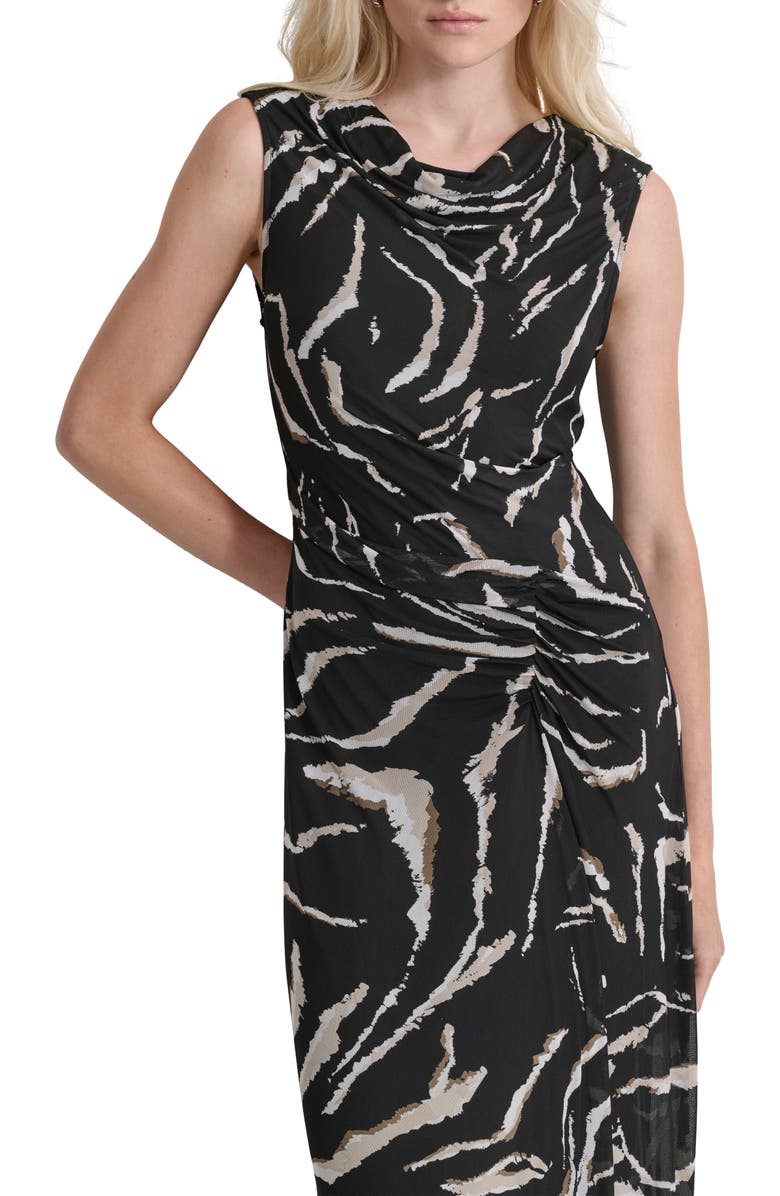 DKNY Cowl Neck Sleeveless Ruched Mesh Maxi Dress, Alternate, color, 