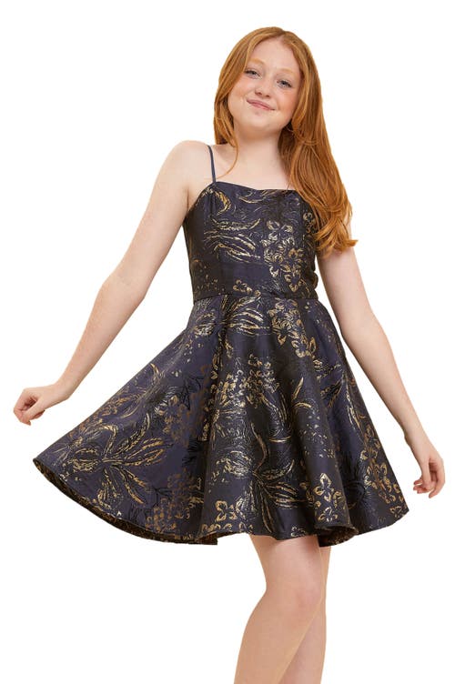 Un Deux Trois Kids' Cap Sleeve Jacquard A-line Dress In Blue