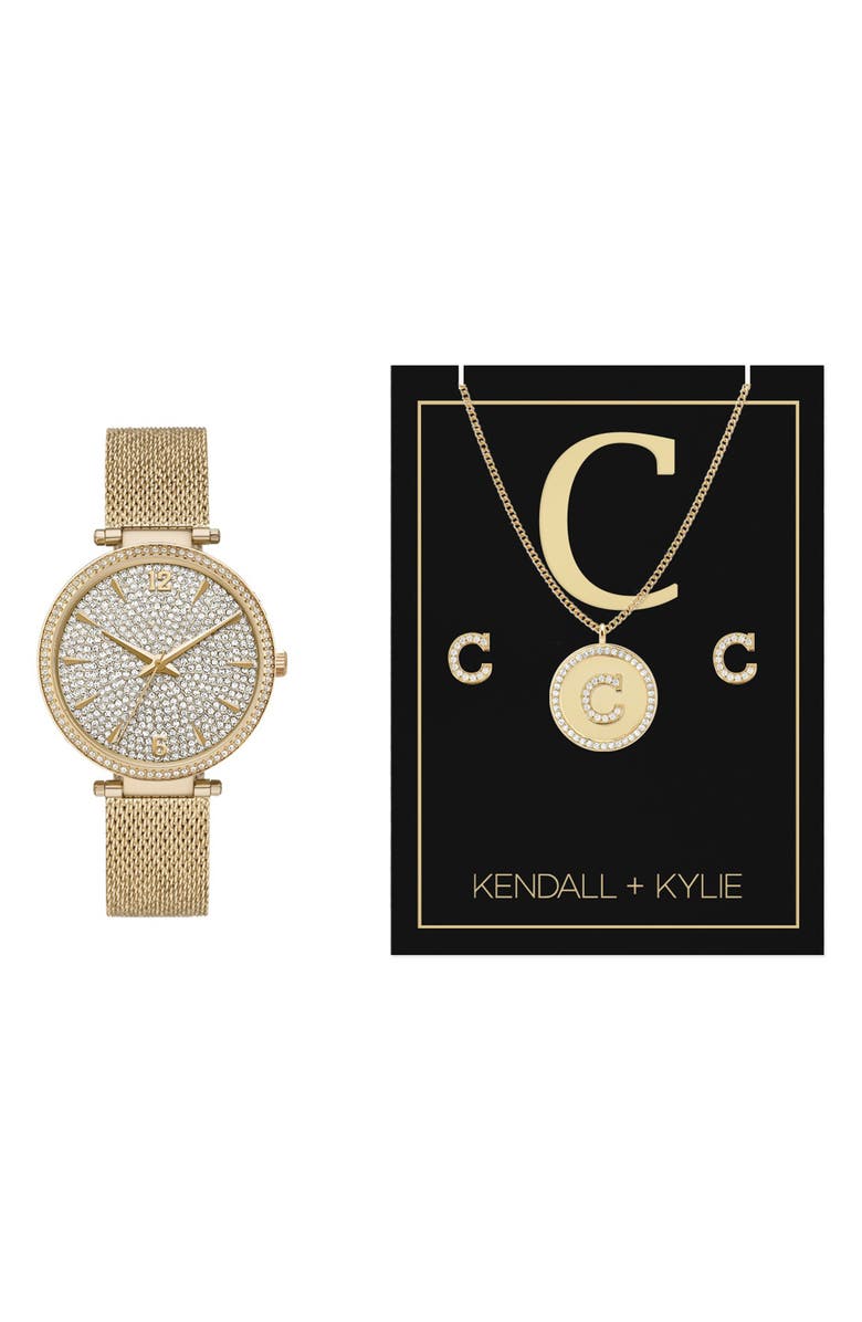 KENDALL + KYLIE Crystal Mesh Strap Watch & Necklace Gift Set, 38mm, Alternate, color, 
