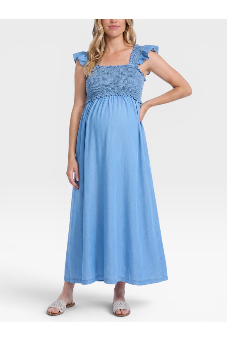 Sleeveless Ruffle Shoulder Smocked Maxi Dress, Main, color, Chambray