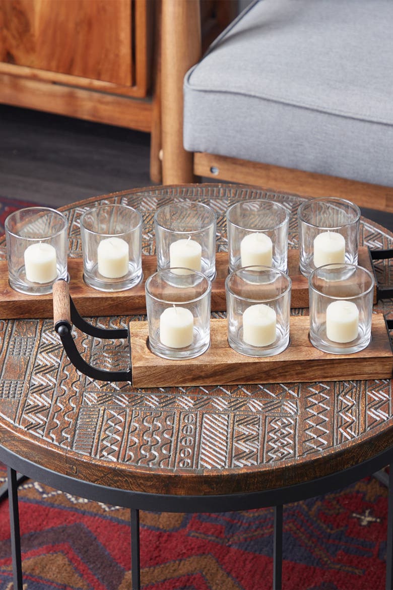 Brown Wood 8-Glass Sleeve Tea Light Candelabra - Set of 2 | Nordstromrack