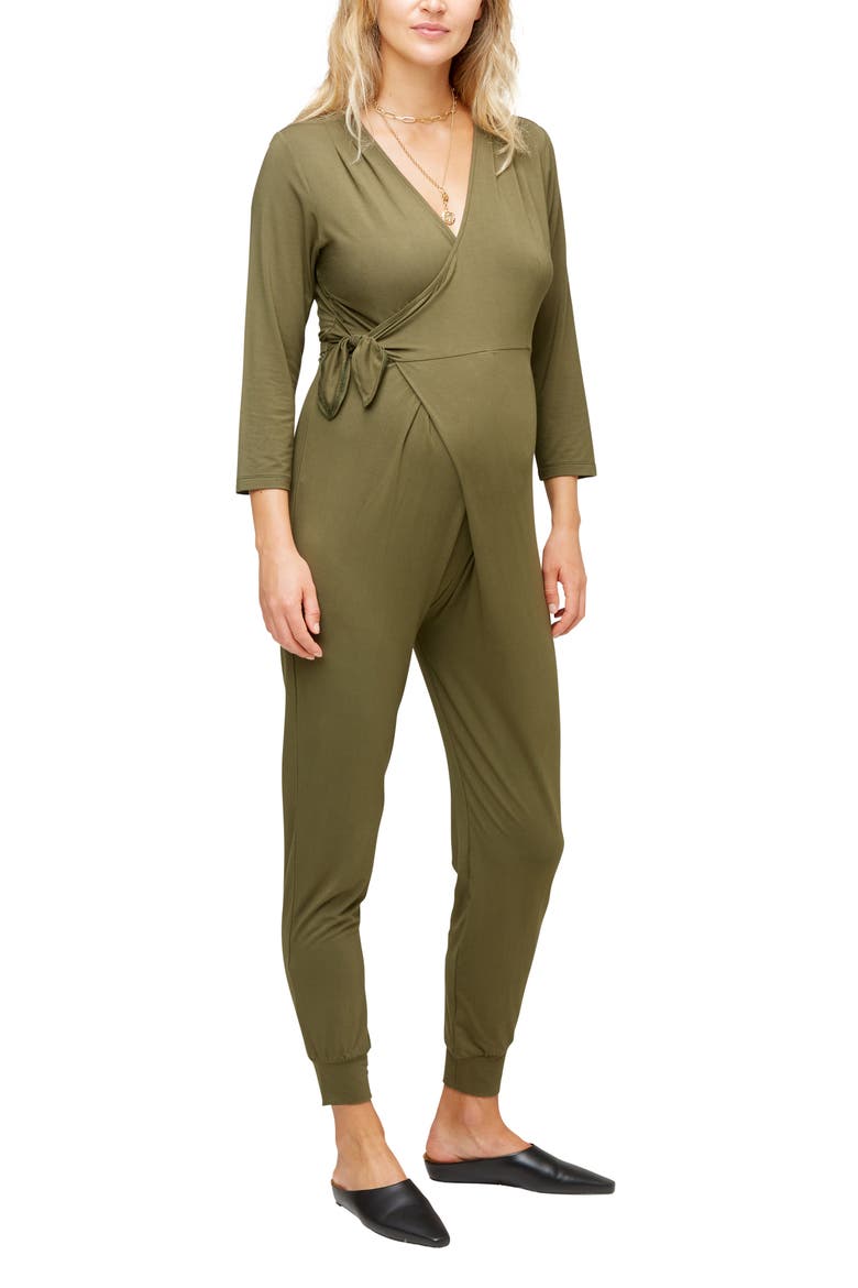 Amabella Maternity & Nursing Wrap Jumpsuit, Main, color, OLIVE