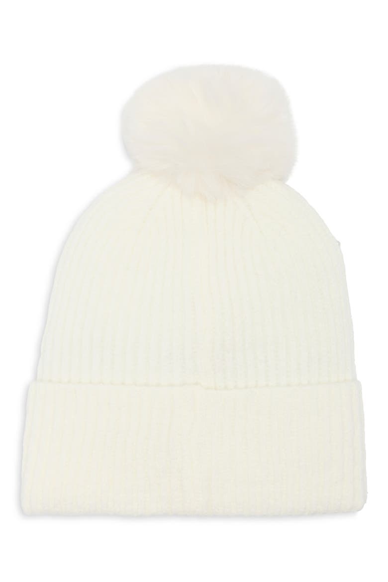 Studded Beanie with Faux Fur Pom, Alternate, color, IVORY