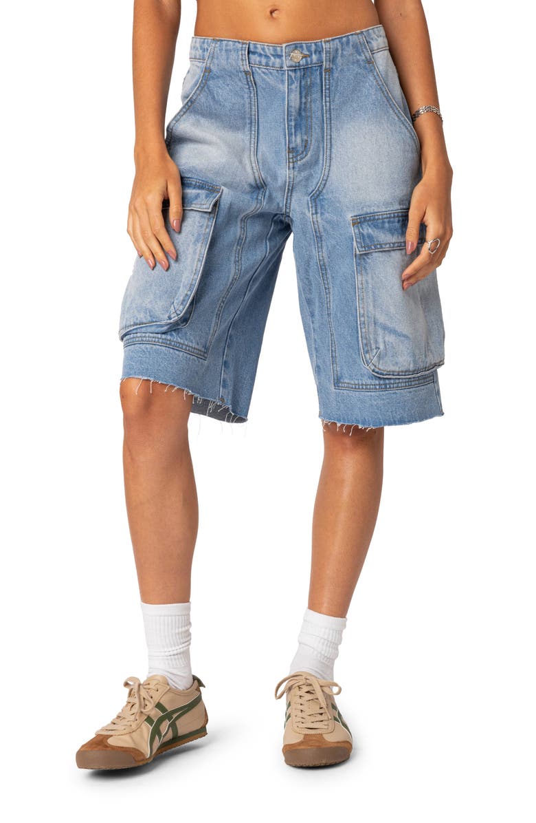 EDIKTED Rex Denim Cargo Bermuda Shorts, Main, color, Blue-Washed