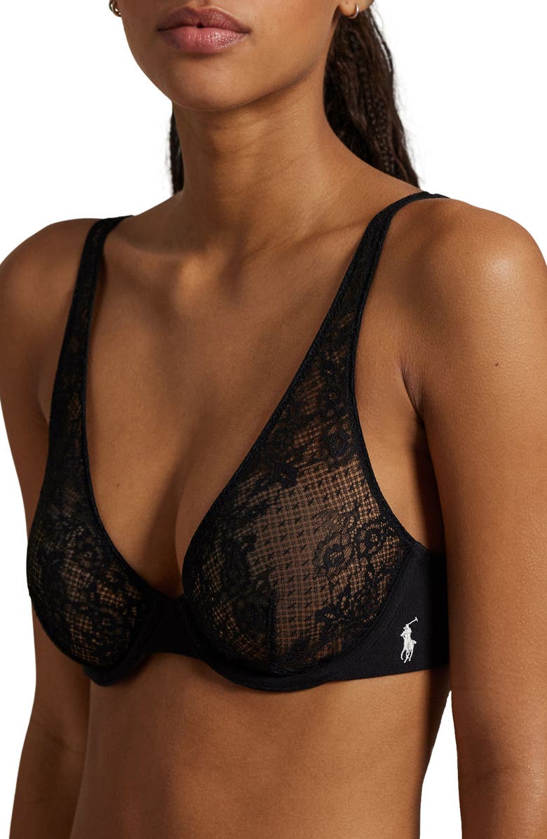 Polo Ralph Lauren Galloon Lace Underwire Plunge Bra, Main, color, Onyx