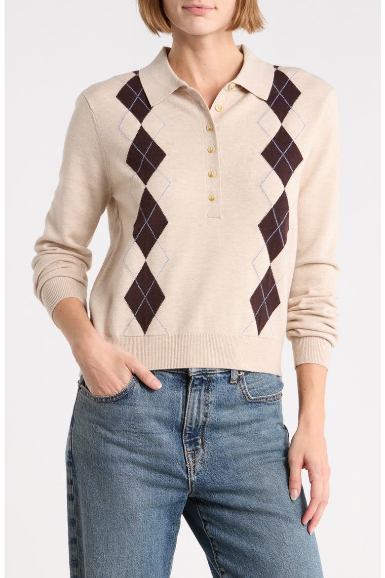 Argyle Polo Sweater, Main, color, OATMEAL HEATHER SEAL BROWN