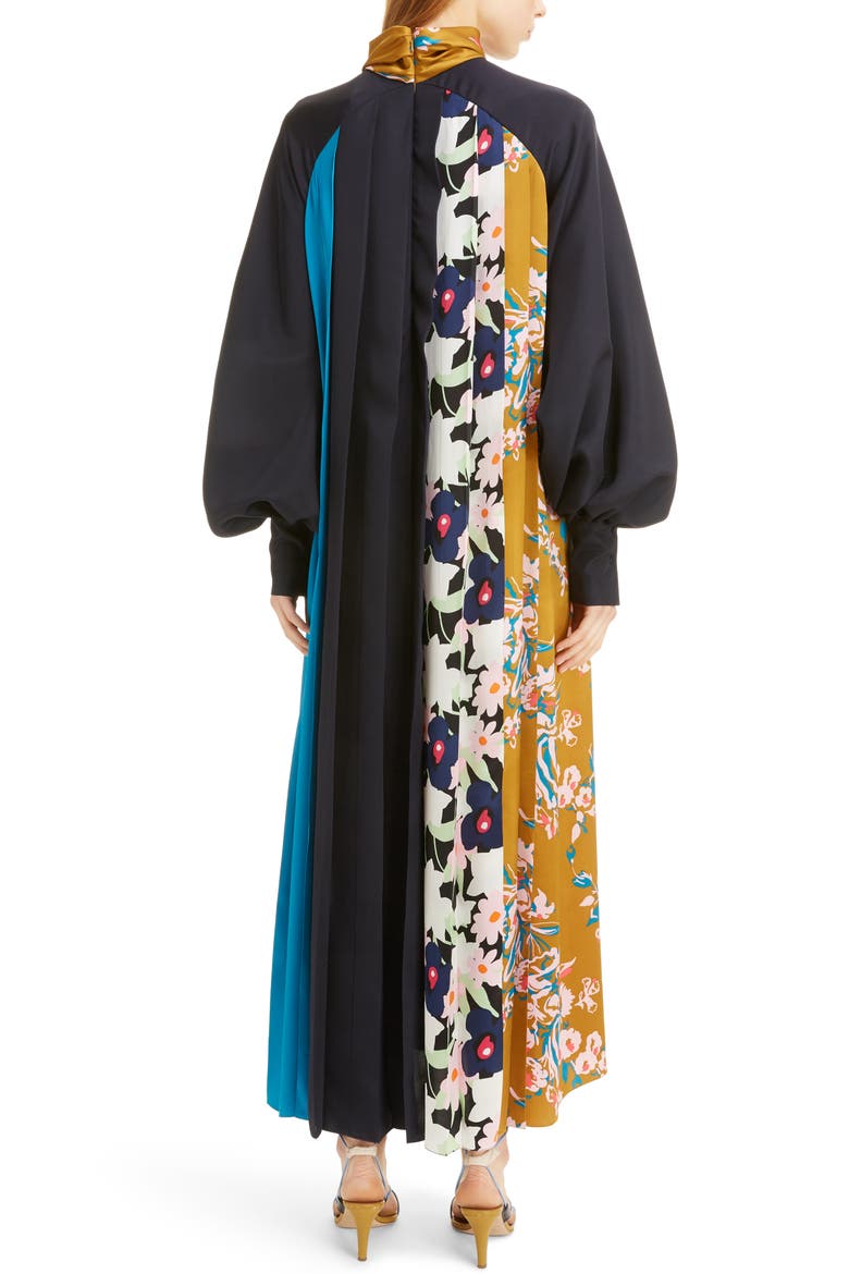 Floral Panel Long Sleeve Silk Twill Maxi Dress, Alternate, color, MIDNIGHT