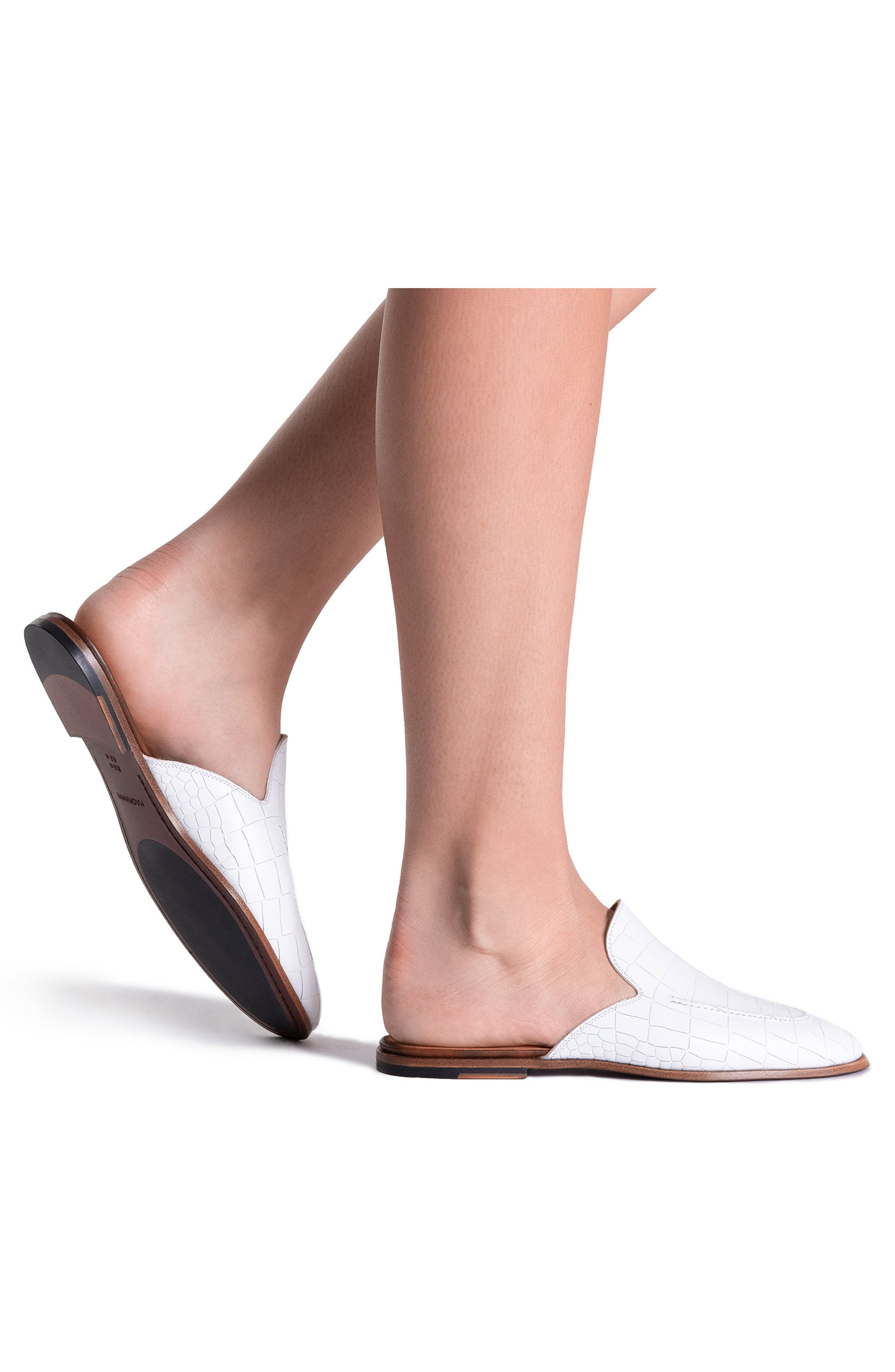 Camila Croc Embossed Leather Flat Mule, Alternate, color, WHITE