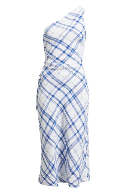 Ruched One-Shoulder Linen Midi Dress