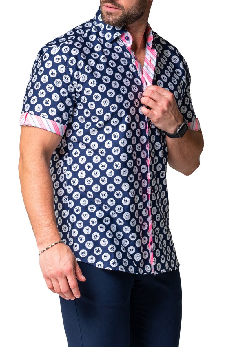 Maceoo Galileo Dogdot Blue Stretch Short Sleeve Button-Up Shirt, Alternate, color, Blue