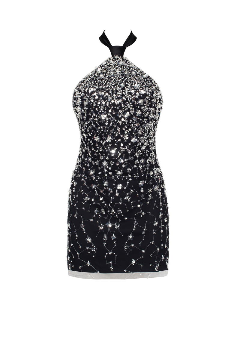 Bodycon Halterneck Crystal-Embellished Mini Cocktail Dress in Black, Alternate, color, Black