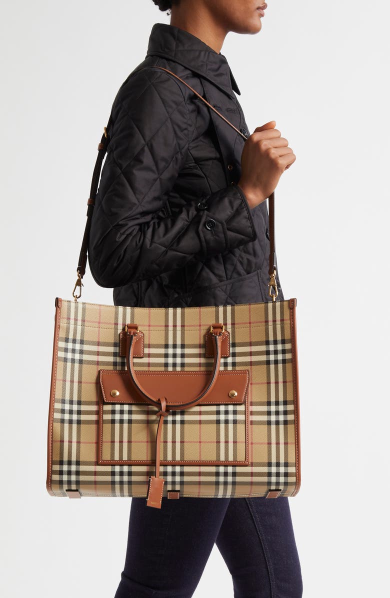 Burberry Medium Freya Check Coated Canvas Tote, Alternate, color, Vntg Chk/ Briar Brown