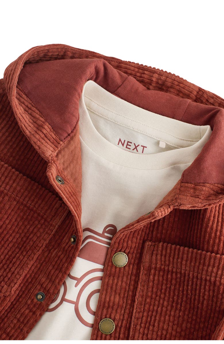 NEXT Kids' Hooded Corduroy Shacket & Graphic T-Shirt Set, Alternate, color, Brown