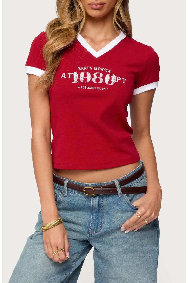 Santa Monica V-Neck Ringer T-Shirt, Main, color, RED