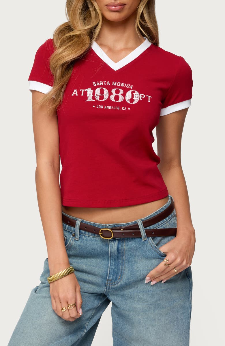 EDIKTED Santa Monica V-Neck Ringer T-Shirt, Main, color, Red