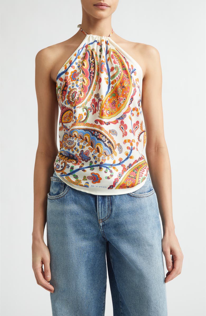 Etro Paisley Silk Bandana Halter Top, Main, color, 